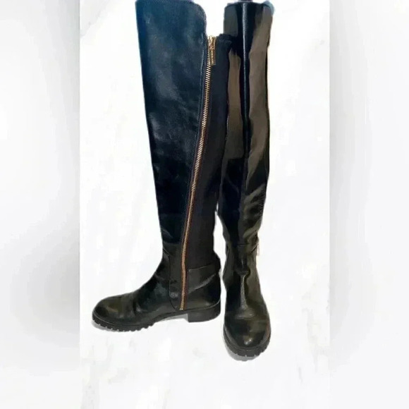 Micheal Kors black knee high gold zipper rubber sole leather riding boots 5.5 - Picture 2 of 6
